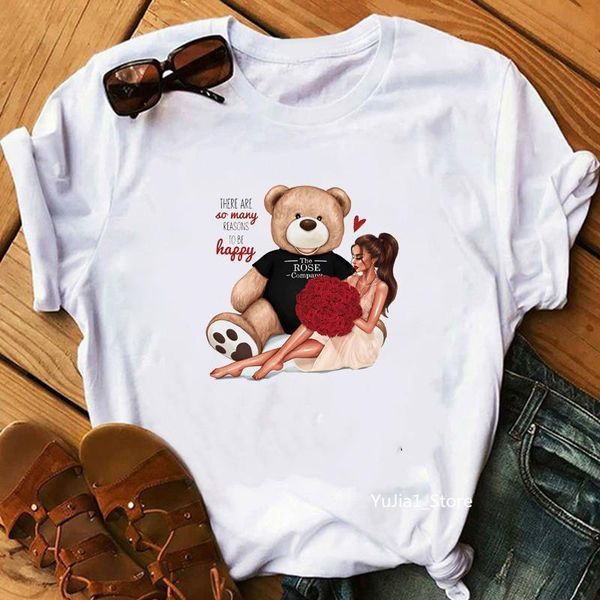 

летние kawaii bear и vogue lady print мода футболка женщины хипстер брея графические тройники прекрасные друзья топы, White