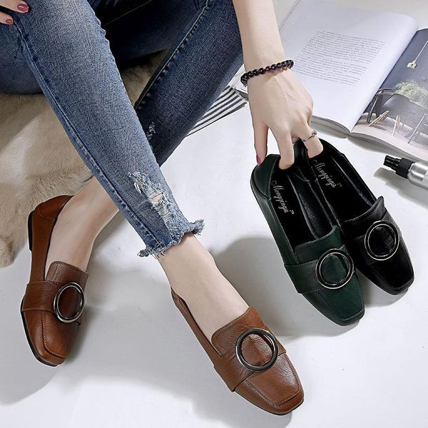 

new european and american round button low heels women's deep mouth slip on loafers, Black