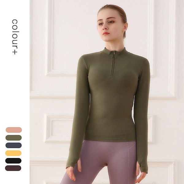 

2021 women's yoga slim elastic zipper long sleeve autumn winter sports running fitness clothes feminine, White;red