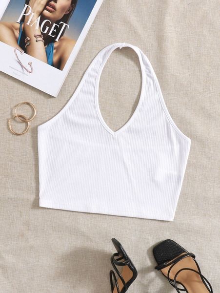 

rib-knit crop halter r21f#, White