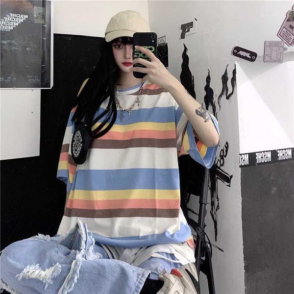 

women's t-shirt sweet soft girly harajuku rainbow stripe printed fairy women for 2021 summer cute o-neck woman man tee shirt female1, White