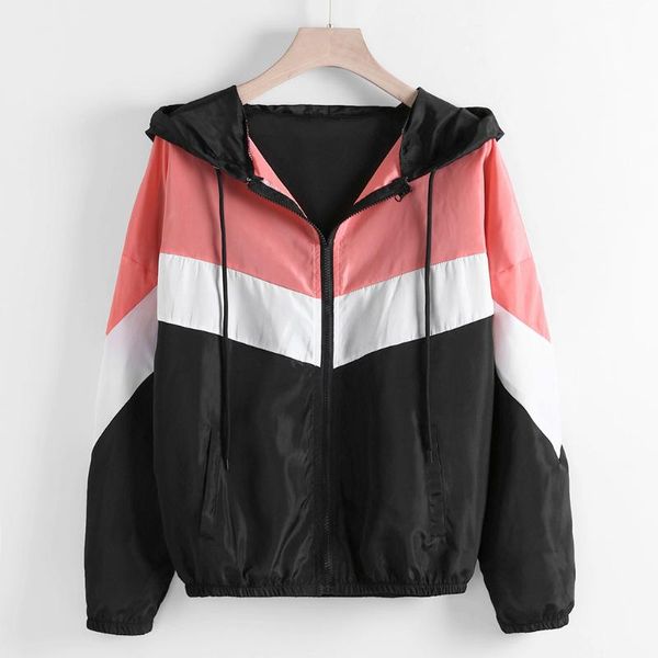 

vogue women plus size jacket clothes casual long sleeve zipper color patchwork thin hooded sport coat chaqueta mujer 8m2, Black;brown