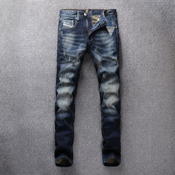 

2021 new italian style fashion men jeans retro dark blue patchwork designer ripped denim pants vintage cotton long trousers h4a
