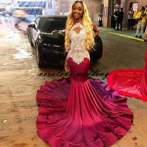 

plus size black girl african evening dress mermaid scoop burgundy satin arabic prom dress long illusion party vestidos