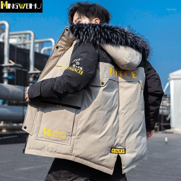 

cotton winter jacket men's mid-length thick warm down cotton clothes trendy hooded fur collar parka coat cold clothing men1, Black