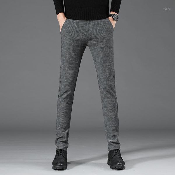 

casual pants men lattice straight trousers male business cotton elastic work pant men's clothing black gray blue plus size 28-381