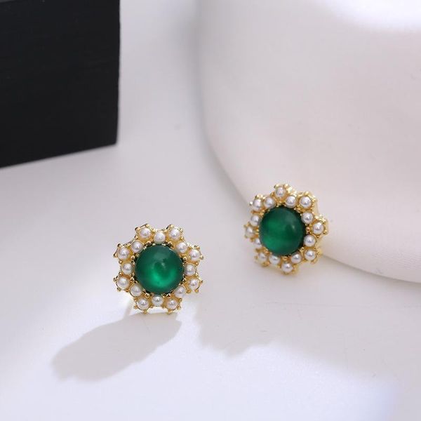 

stud 2021 vintage round green crystal stone earrings women fashion temperament ear pearls jewelry1, Golden;silver