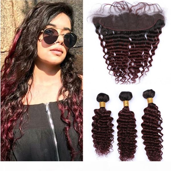 

#1b 99j wine red ombre brazilian virgin human hair deep wave weaves with frontal burgundy ombre 3pcs bundles with 13x4 lace frontal closure, Black;brown