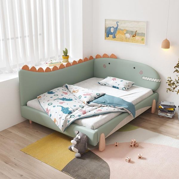 

dinosaur bed solid wood 1.5 m children's bed boy's with fence cartoon cute stitching sheet baby soft pack