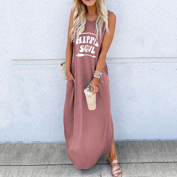 

#z20 summer dress women's bohemian sundress 2021 sleeveless letter printed maxi long dress casual loose party tanks vestido, Black;gray