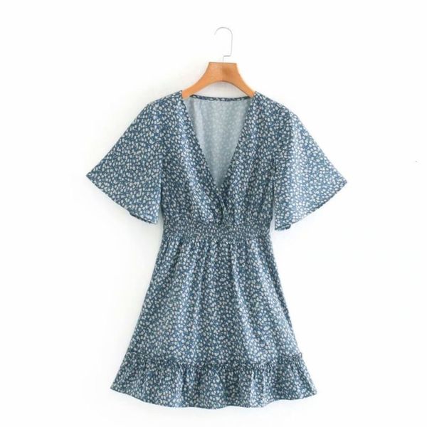 

v-neck new female wind floral autumn blue dress fashion ins style, Black;gray