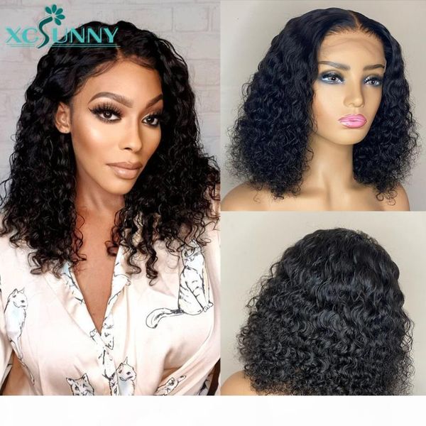 

4x4 lace closure wig human hair wig short curly bob pre plucked remy brazilian natural black for women xcsunny, Black;brown