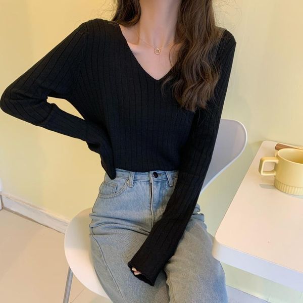

women's sweaters jumper 2021 autumn winter long sleeve v-neck soft knitted casual basic solid pullover lady sweater top, White;black
