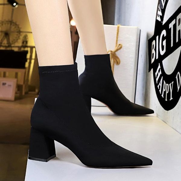 

european and american fashion simple thick heel high heels female pointed toe stretch nightclub slim short boots, Black