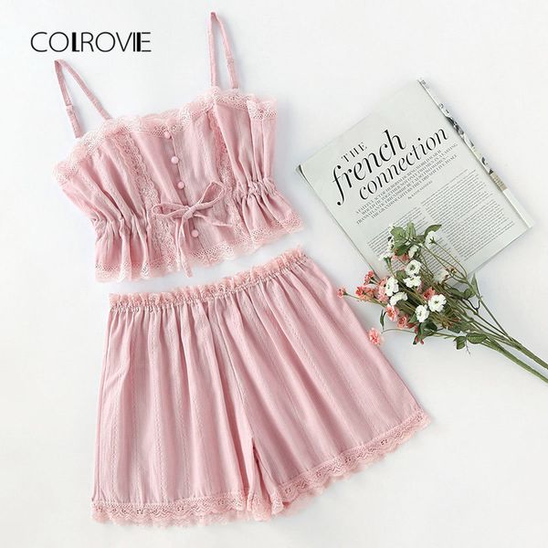 

colrovie contrast lace cami with shorts pajama set women pink spaghetti strap sleeveless drawstring waist cute sleepwear y200708, Black;red