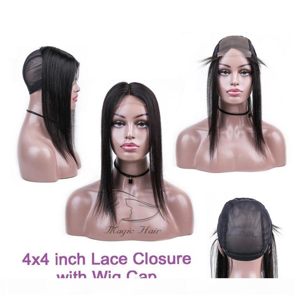 

4 * 4 дюйма прямого шнурок закрытие с парик cap natural color бразильских прямыми волосами средней часть 100% человеческие волосы закрытия, Black;brown