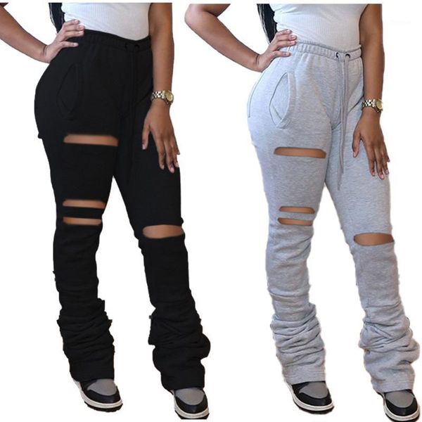 

winter thick warm gray drawstring stacked flare pants high waist joggers womens fashion 2020 sweatpants1, Black;white