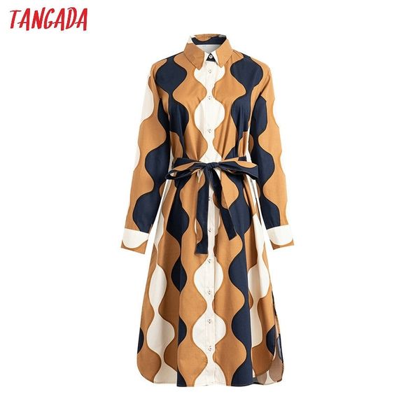 

tangada fashion women wave print shirt dress with slash long sleeve ladies work midi dress vestidos 4t21 t200416, Black;gray