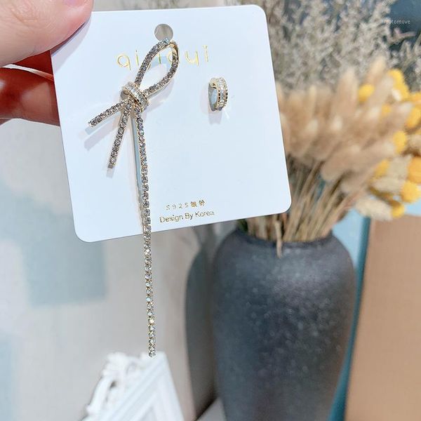 

korean asymmetric long bow earrings fashion exaggerated net red rhinestone earrings long tassel exquisite fashion stud1, Silver