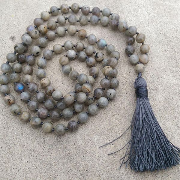 

8mm labradorite stone grey tassel necklace traditional hand knotted 108 bead meditation mala necklace yoga healing jewelry men t200113, Silver