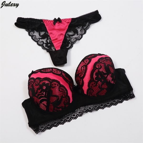 

julexy new arrivals hollow out thongs brief sets abc lace embroidery push up women bra g string underwear panty set y200415, Red;black