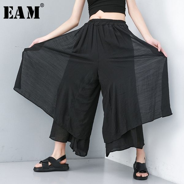 

[eam] new spring autumn high elastic waist loose wide leg long split joint false two pants women trousers fashion ju664 201109, Black;white