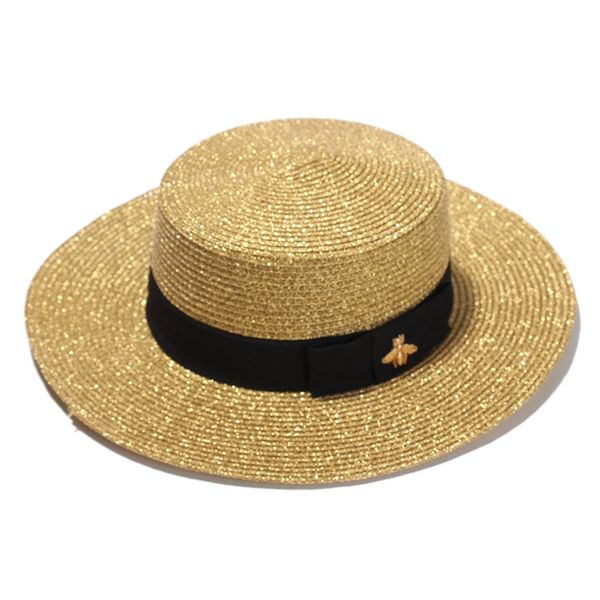 

fashion-woven wide-brim hats gold bee decoration hat fashion wide straw cap parent-child flat-visor woven caps, Blue;gray