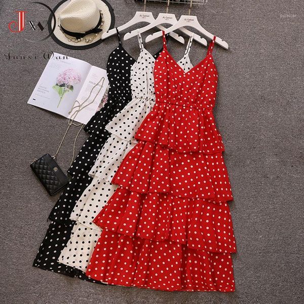 

summer women long dress fashion v-neck spaghetti strap polka dot dress new 2020 beach maxi black white red party1, Black;gray
