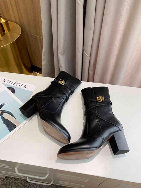 

ankle fashion designer boots women's shoes cd belt buckle winter boot ladies girls silk cowhide leather high-women high-heeled ankles, Black