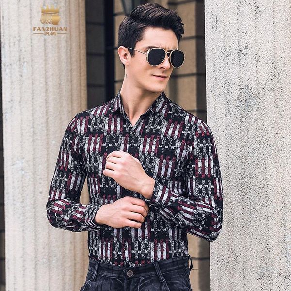 

fanzhuan new men's male man fashion 2020 spring printed slim elastic comfortable slim black versatile shirt 9220031, White;black