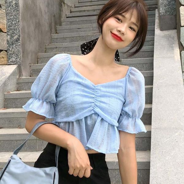 

women's blouses & shirts women's solid square collar puff sleeve sweet exposed navelshort 2021, White