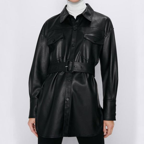 

2020 pu jacket women new fashion faux leather jackets ladies slim tie belt waist pockets buttons coats shirts female, Black