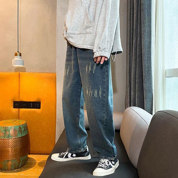 

men's jeans 2021 autumn and winter loose solid color comfortable scratched daddy pants young fashion trend clothing, Blue