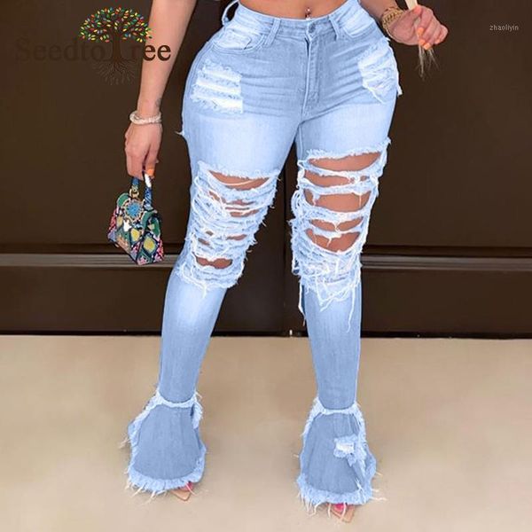 

ripped holes skinny flare bottom casual jeans women classic vintage denim pants1, Blue