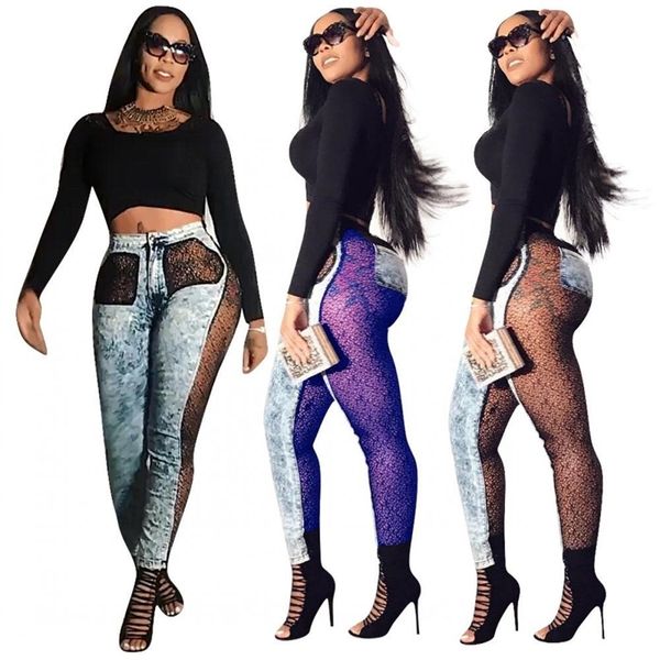 

see through lace women jeans fashionable denim lace panelled skinny pants nightclub bar full length pencil jeans 201030, Blue