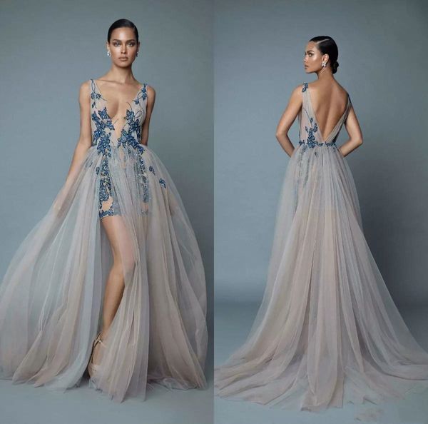 Abiti da sera sexy in argento con spacco alto Berta Cinghie senza schienale in stile bohémien con abiti da sera formali lunghi in rilievo di pizzo blu scuro Abiti da cocktail party aderenti