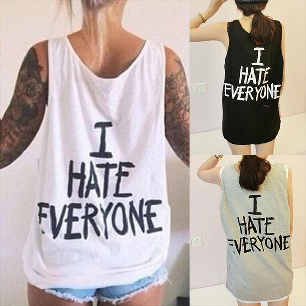 

new i hate everyone letter printed solid color vest women sleeveless o neck tank top, White