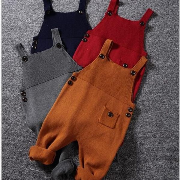 

1-5y autumn baby boys clothes pocket knitted baby rompers overalls jumpsuits boys girls candy color bib harem pants kids clothes y200704, Blue