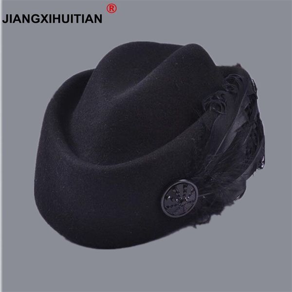 

australian hats elegant wool feather bow airline stewardess white women's fedora caps formal lady hat royal style domechapeu y200102, Blue;gray