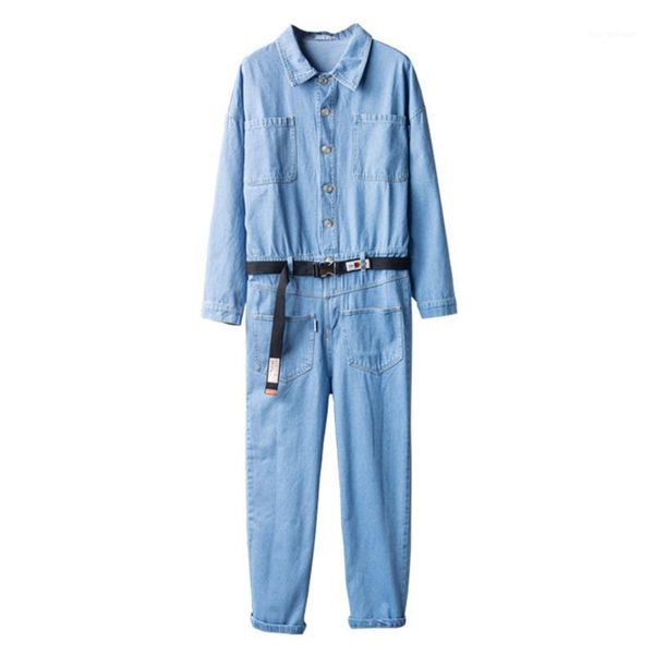 

men's jeans men's loose pockets long sleeve turn down collar denim jumpsuits with belt casual hip hop overalls jeans1, Blue