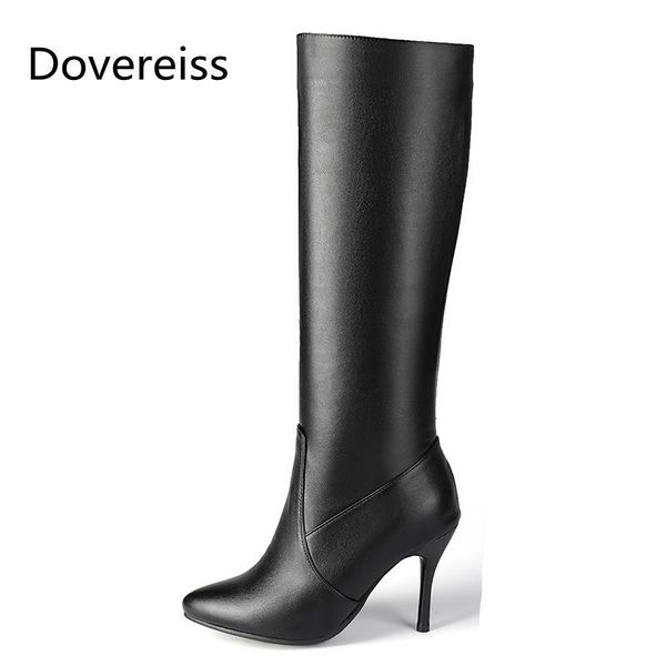 

boots winter for woman fashion pointed toe shoes pure color zipper white stilettos heels knee high 32-46, Black