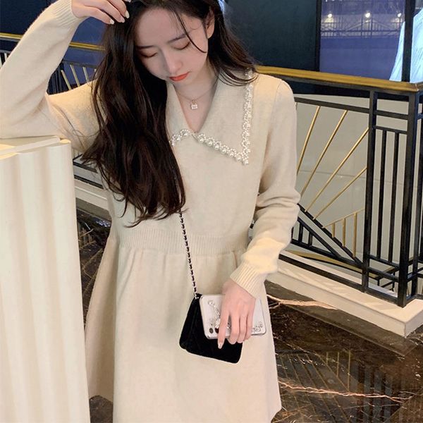 

new 2021 autumn pearl button up dress knitted or crocheted ladies of the elegant vintage fashion solid women's clothes y236 2xjg 7gom, Black;gray