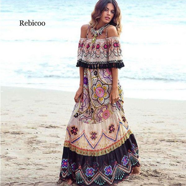 

casual dresses bohemian style women's summer long vintage print off shoulder beach female dress loose tassel big swing, Black;gray