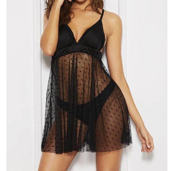 

womens stain mesh splice nightdress deep v neck lingerie ladies fashion sleepwear dress robe nightie gown sleepshirts1, Black;red