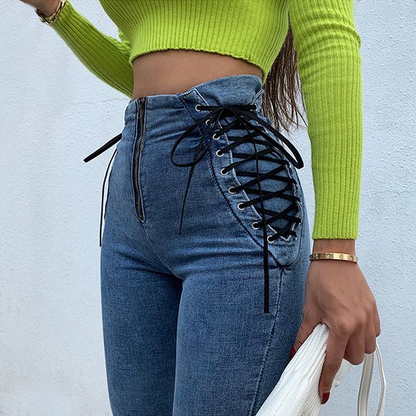 

women high waist lace up side pencil jeans zipper fly skinny denim pants, Black