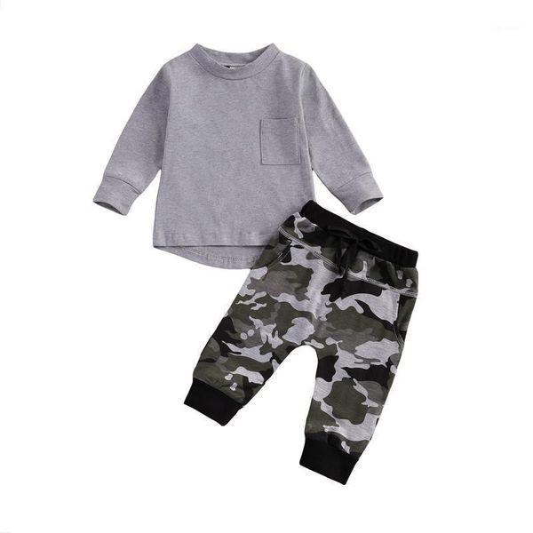 

0-24m fashion newborn baby boys clothes sets gray long sleeve pocket t shirt camo pants 2pcs autumn spring clothes1, White