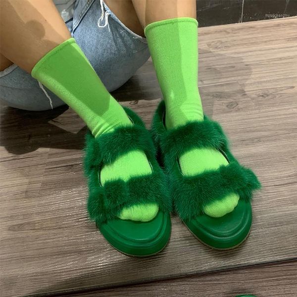 

sandals women real summer lady fashion flat fur sandals1, Black