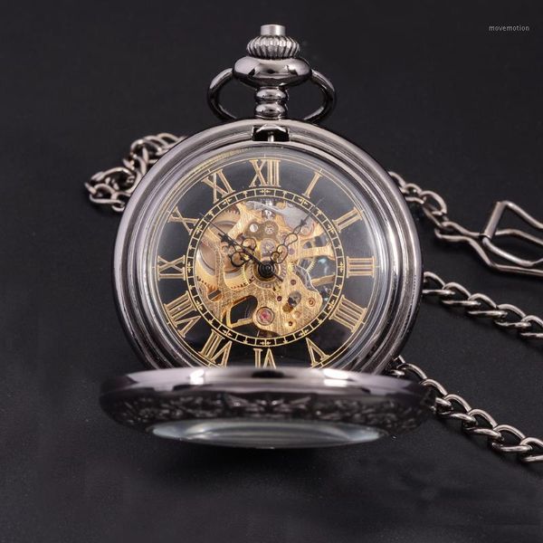 

wholesale-steampunk fashion antique skeleton mechanical pocket watch men chain necklace business casual pocket & fob watches gold1, Slivery;golden