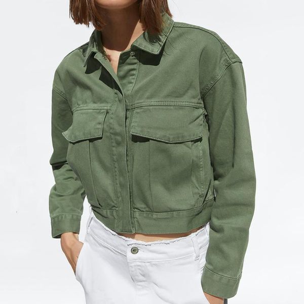

plus size winter women outerwear and jacket long sleeve loose coat short jeans jacket women big pocket green woman1, Black;brown