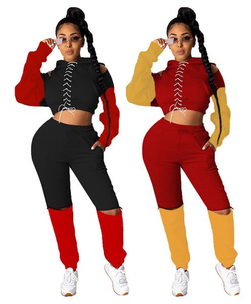 

women two piece pants sets long sleeve bandge panelled hollow out casual suit fashion female clothing, White